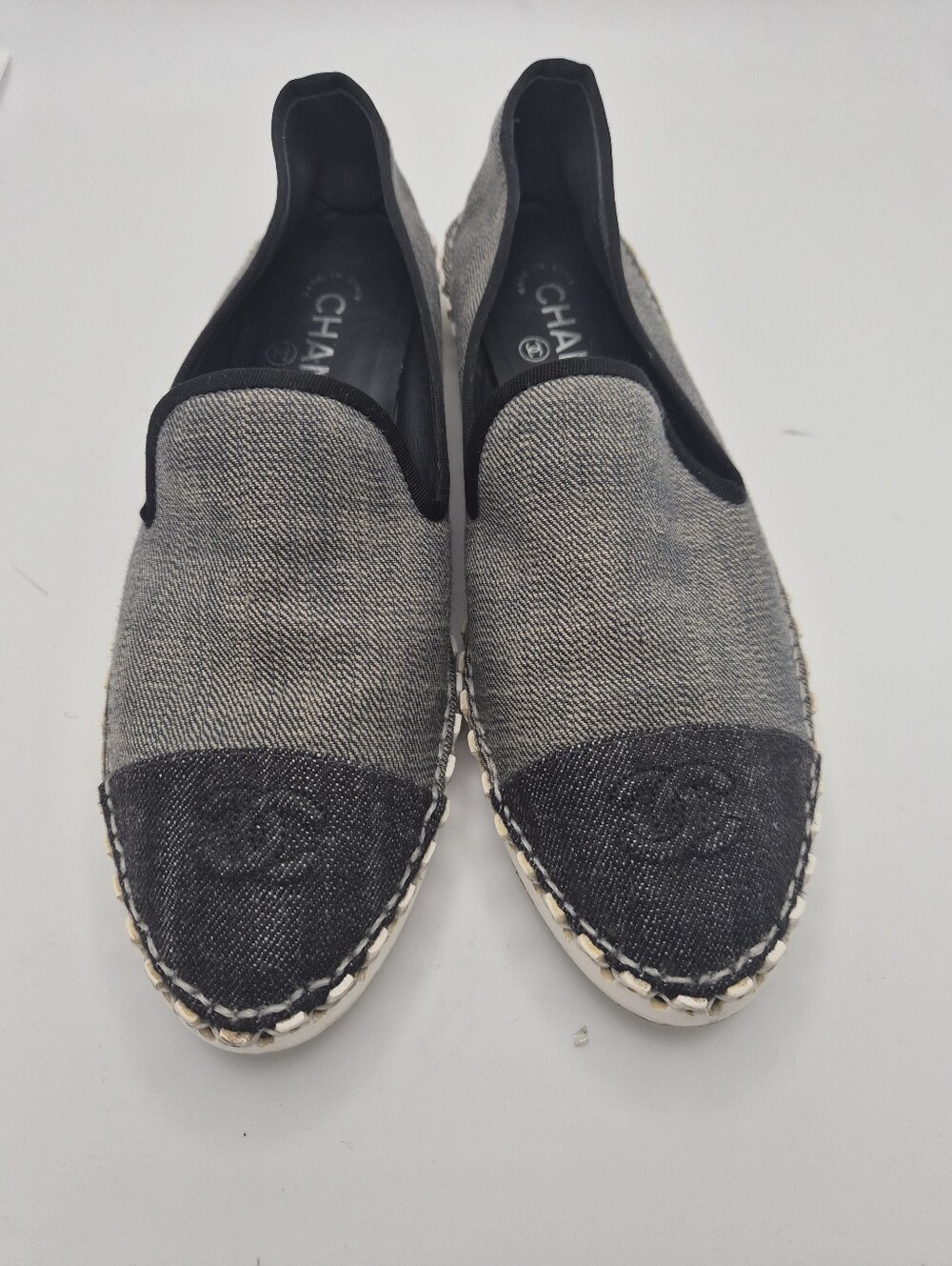 CHANEL womens  Black & Grey Denim Slip-On Espadrilles